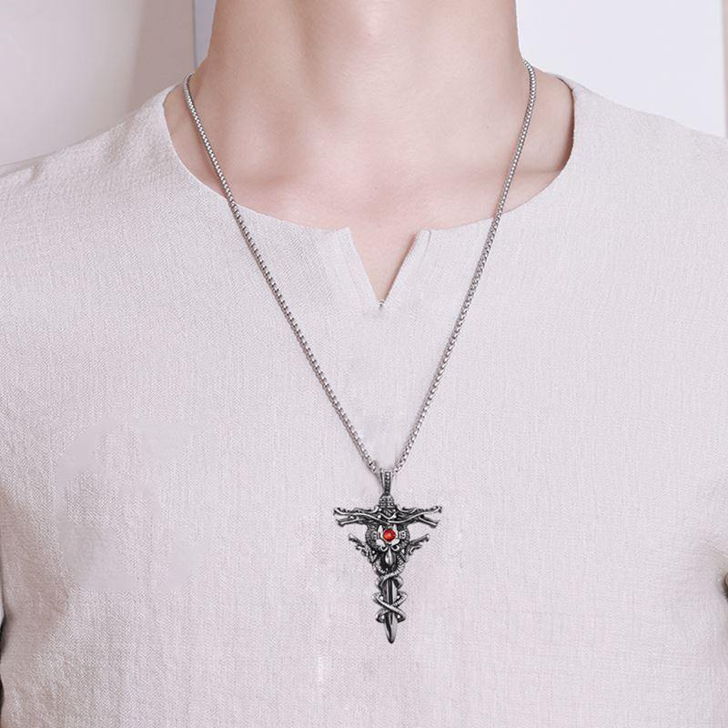 thumbnail image 2 of Gothic Double Dragon Cross Necklace For Men, Punk Dragon Sword Necklace Stainless Steel Dragon Cross Pendant Necklace 2 of 10