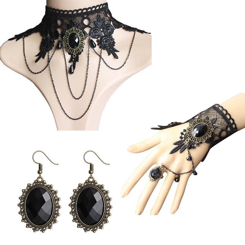 Gothic Lace Bracelet Ring & Choker Jewelry Set