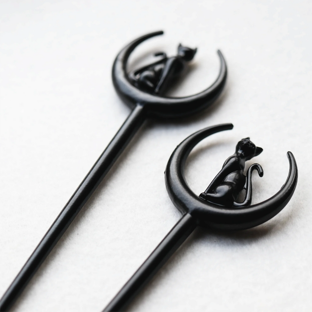 Black Cat Crescent Moon Hair Stick