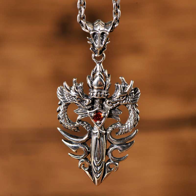 Twin Dragons Garnet Sword Sterling Silver Pendant