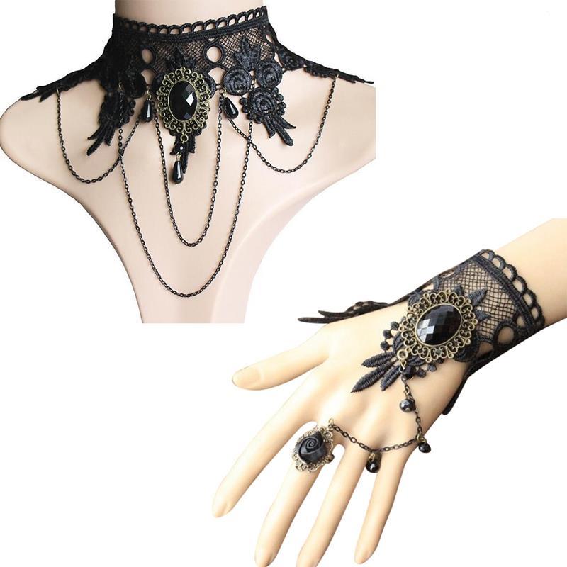 Gothic Lace Bracelet Ring & Choker Jewelry Set