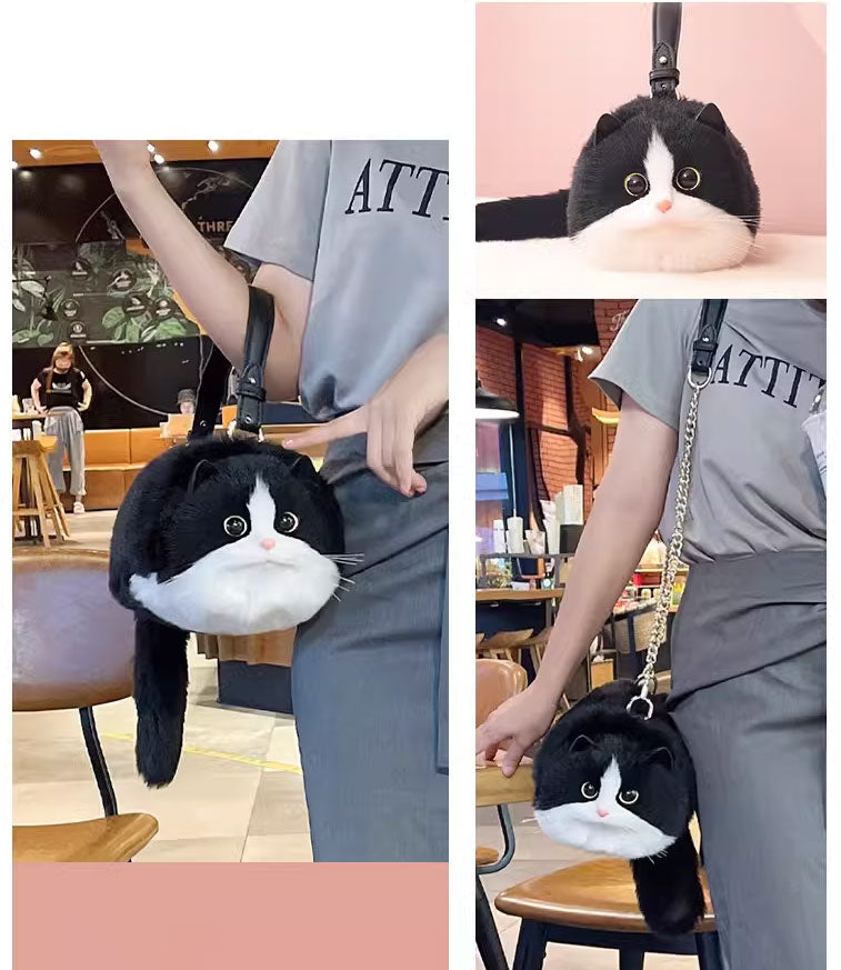 Handmade Winter Plush Realistic Cat Purse - Cat Shaped Shoulder Bag for Women