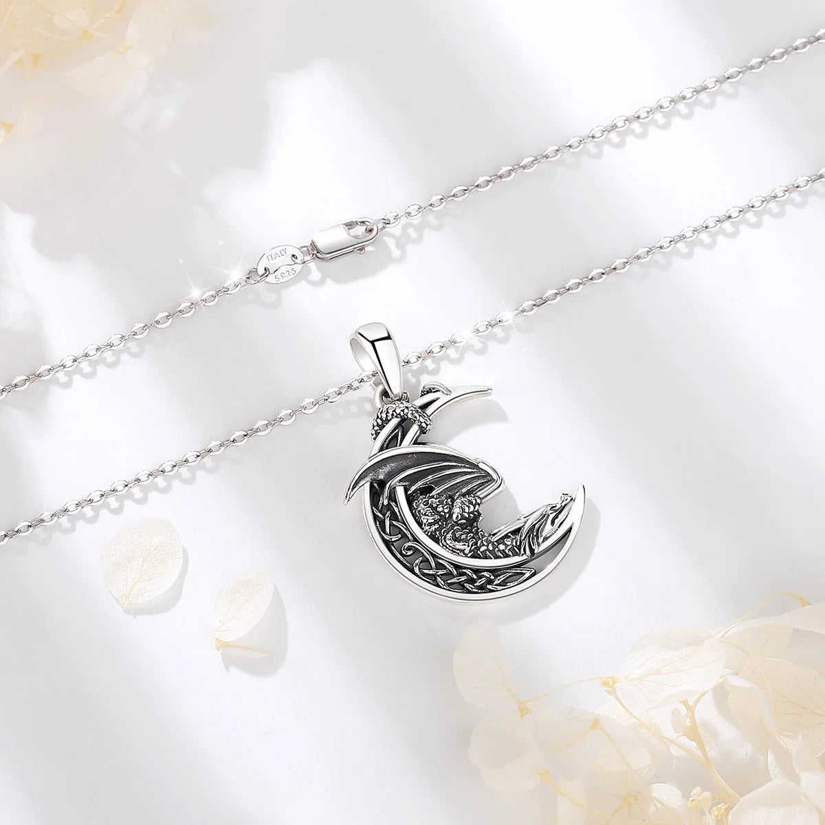 Slumbering Moon Dragon Sterling Silver Necklace