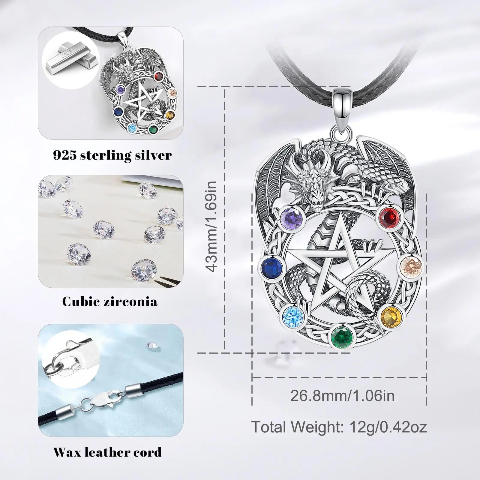 Pentagram Dragon Chakra Sterling Silver Necklace