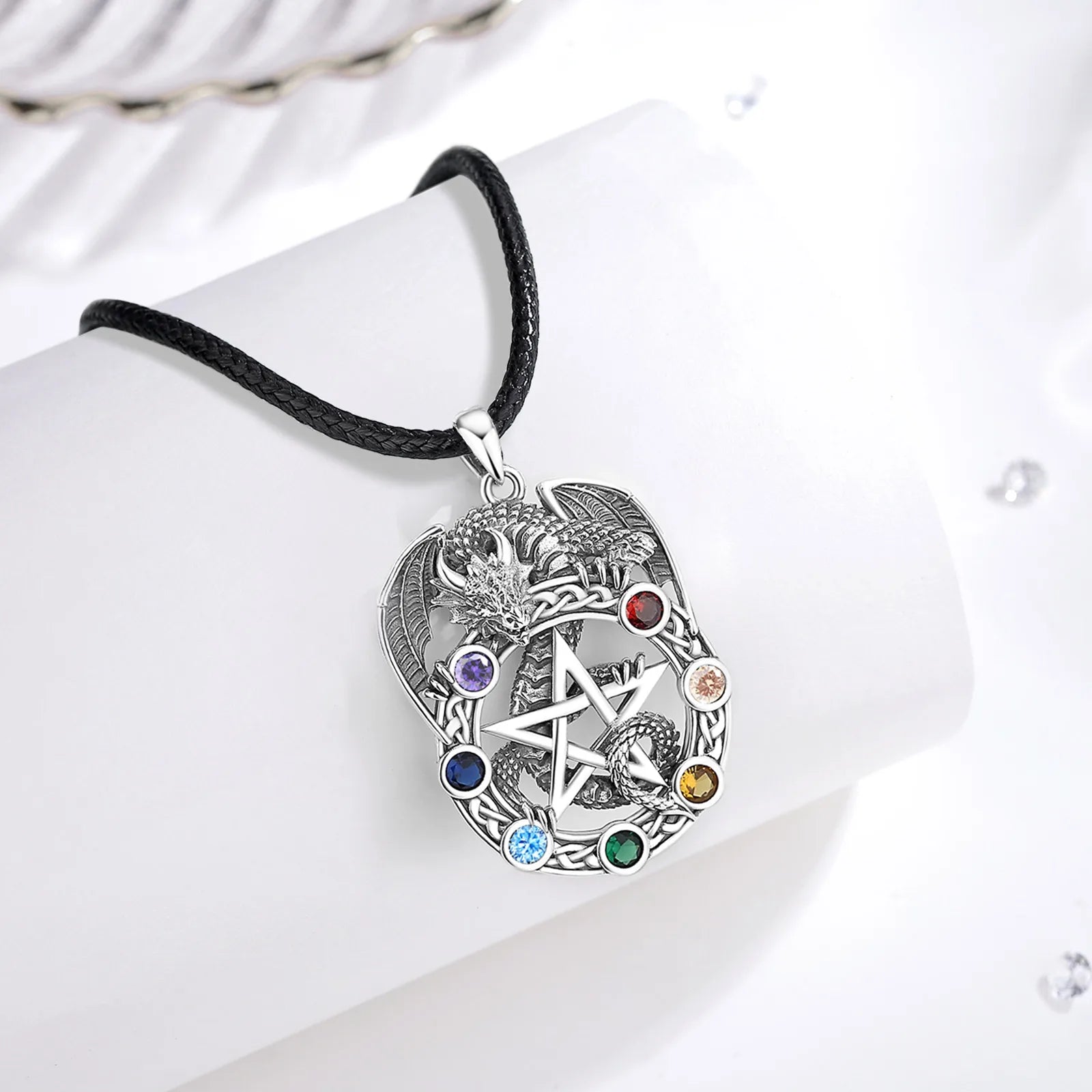 Pentagram Dragon Chakra Sterling Silver Necklace