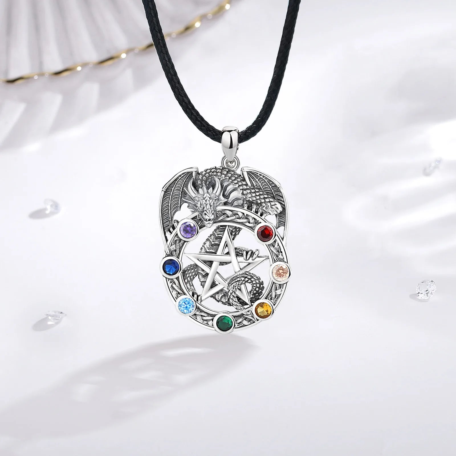 Pentagram Dragon Chakra Sterling Silver Necklace