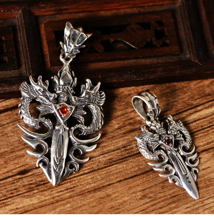 Twin Dragons Garnet Sword Sterling Silver Pendant