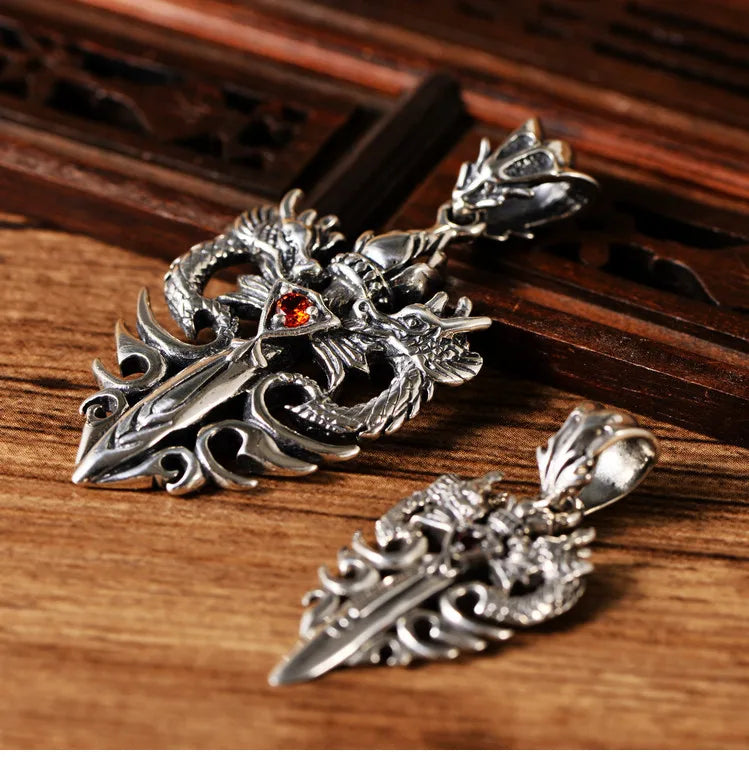 Twin Dragons Garnet Sword Sterling Silver Pendant