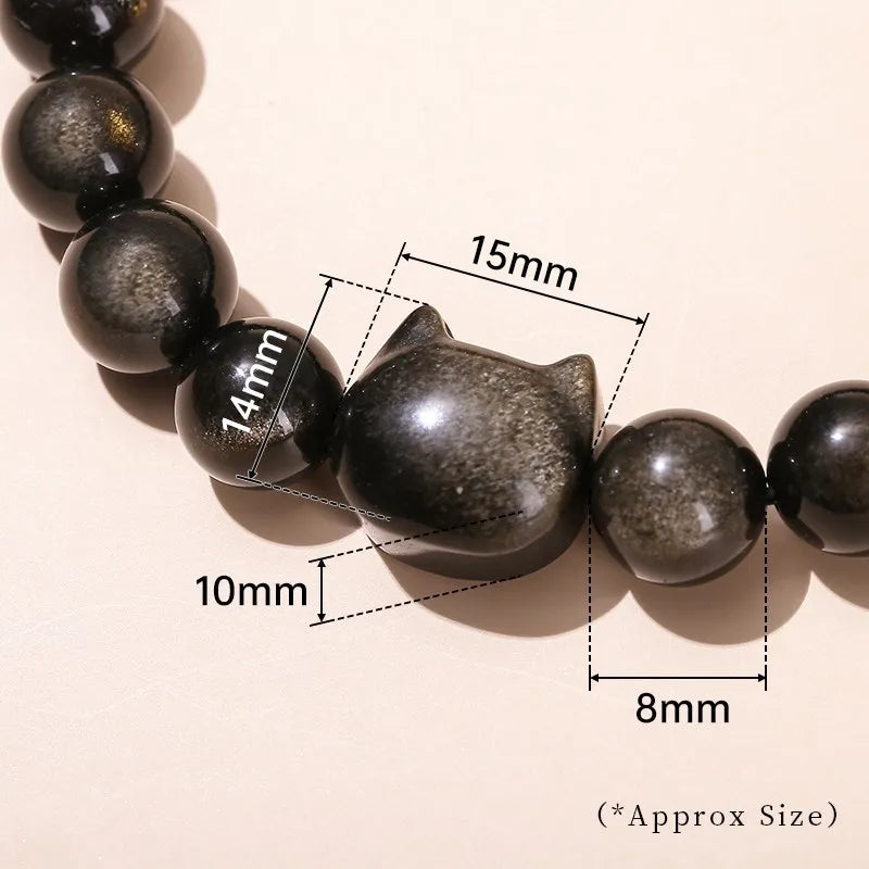 Obsidian Cat Head Bead Bracelet