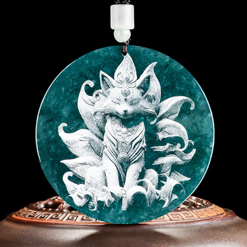 Shadow Carved  Nine-Tail Fox Blue Water Jadeite Necklace