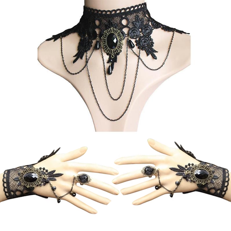 Gothic Lace Bracelet Ring & Choker Jewelry Set