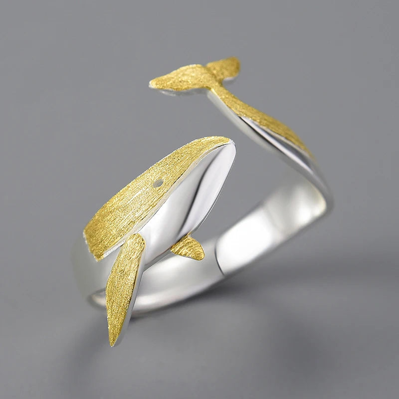 Sterling Silver Whale Adjustable Ring with 18K Gold Plating