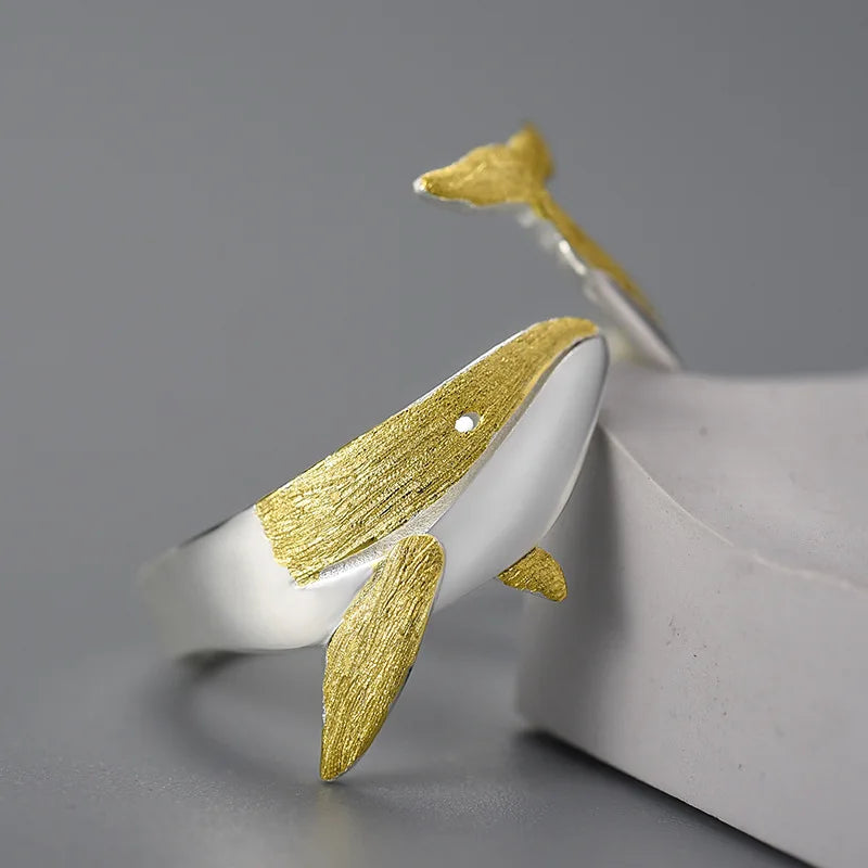 Sterling Silver Whale Adjustable Ring with 18K Gold Plating