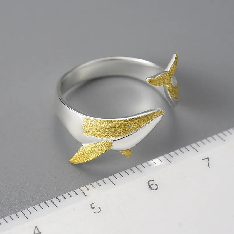 Sterling Silver Whale Adjustable Ring with 18K Gold Plating