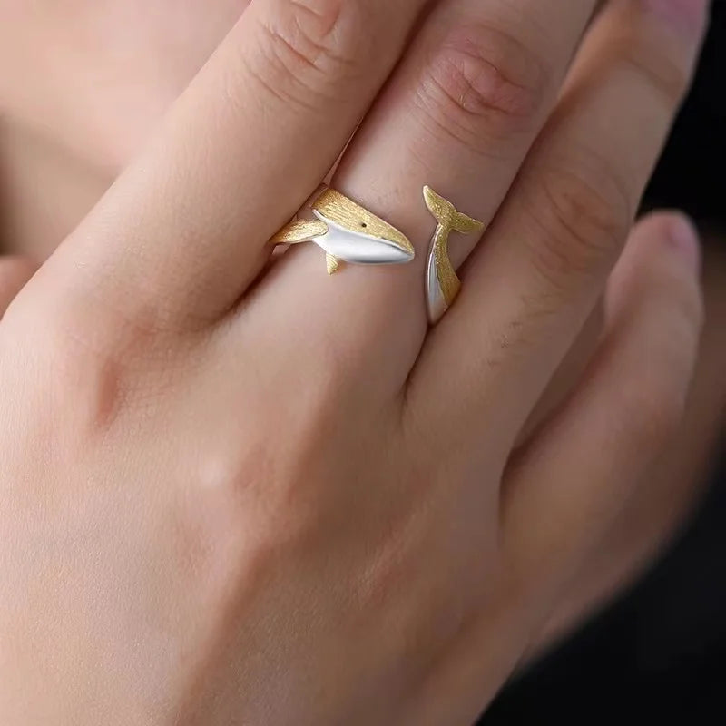 Sterling Silver Whale Adjustable Ring with 18K Gold Plating