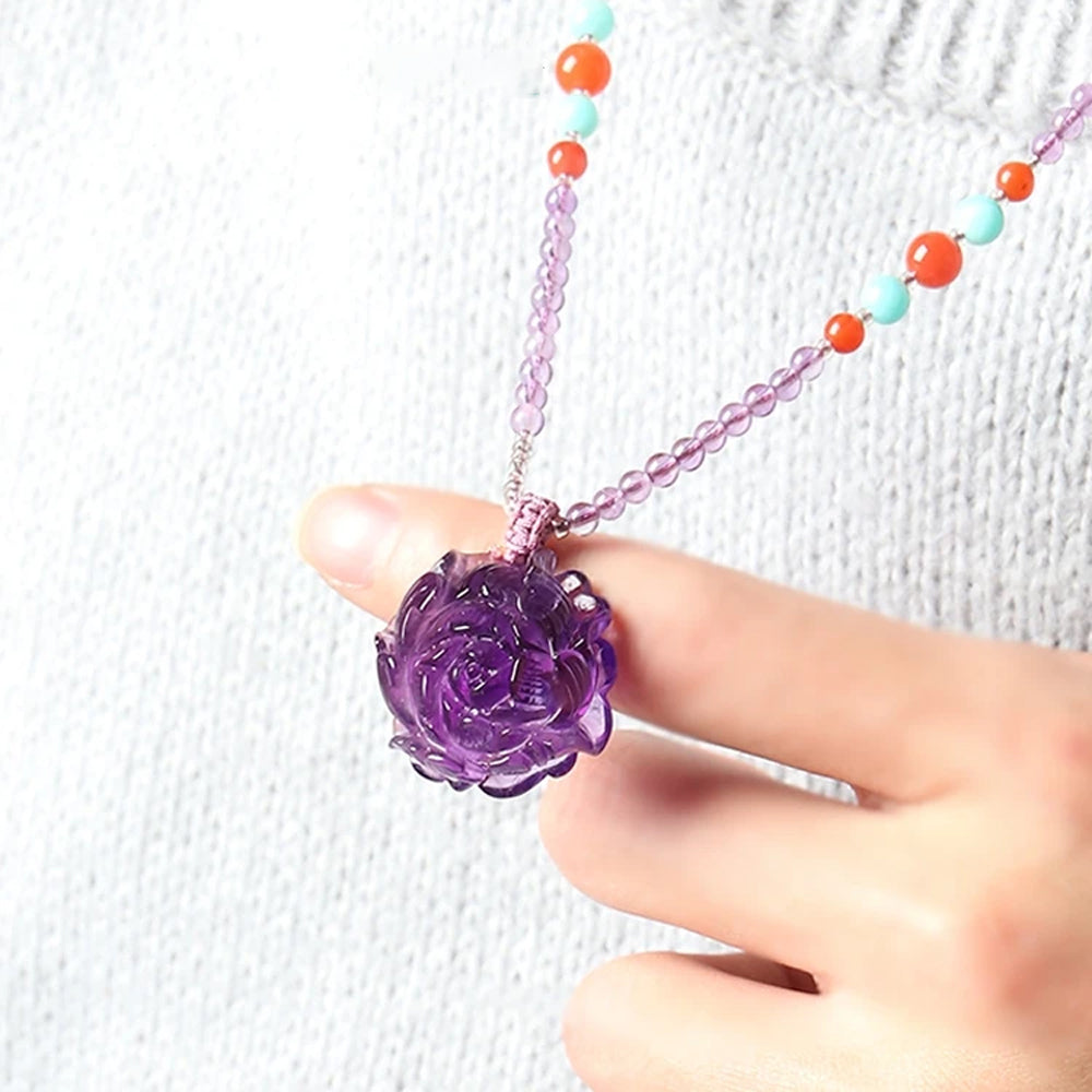 Hand-carved Amethyst Flower Necklace