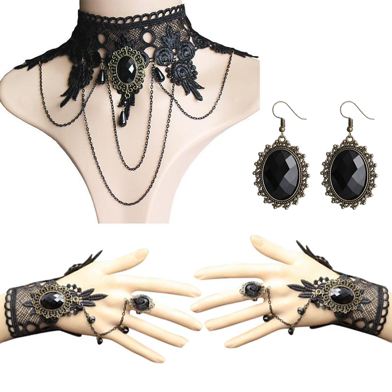 Gothic Lace Bracelet Ring & Choker Jewelry Set