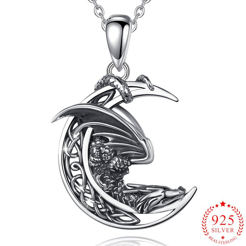 Slumbering Moon Dragon Sterling Silver Necklace