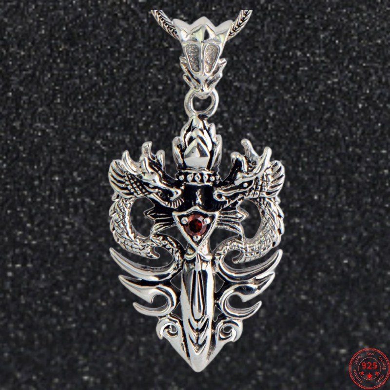 Twin Dragons Garnet Sword Sterling Silver Pendant