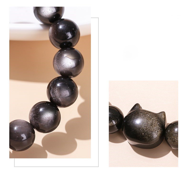 Obsidian Cat Head Bead Bracelet