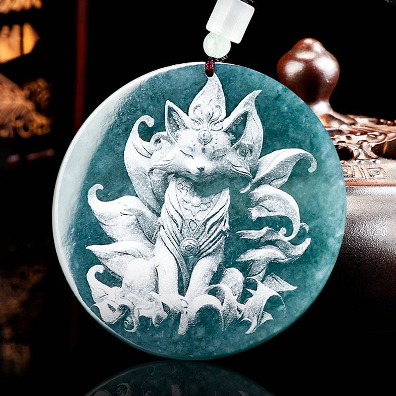 Shadow Carved  Nine-Tail Fox Blue Water Jadeite Necklace