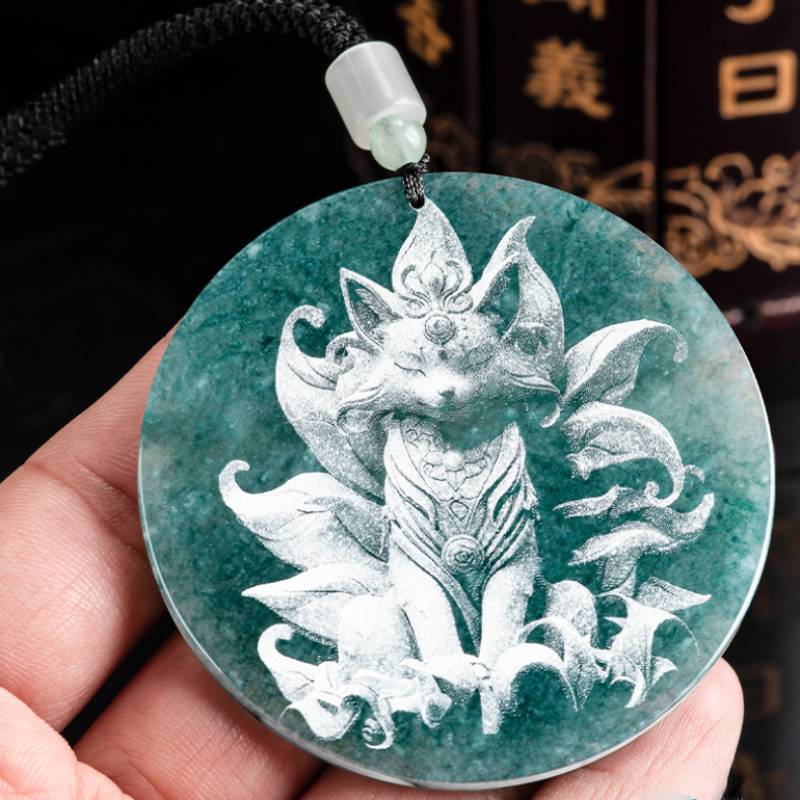 Shadow Carved  Nine-Tail Fox Blue Water Jadeite Necklace