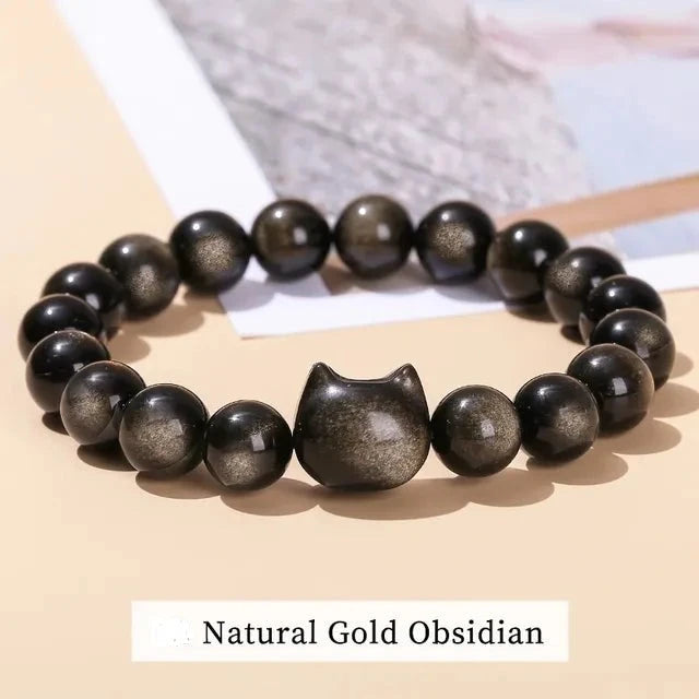 Obsidian Cat Head Bead Bracelet