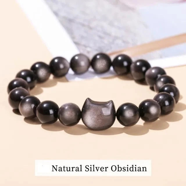 Obsidian Cat Head Bead Bracelet