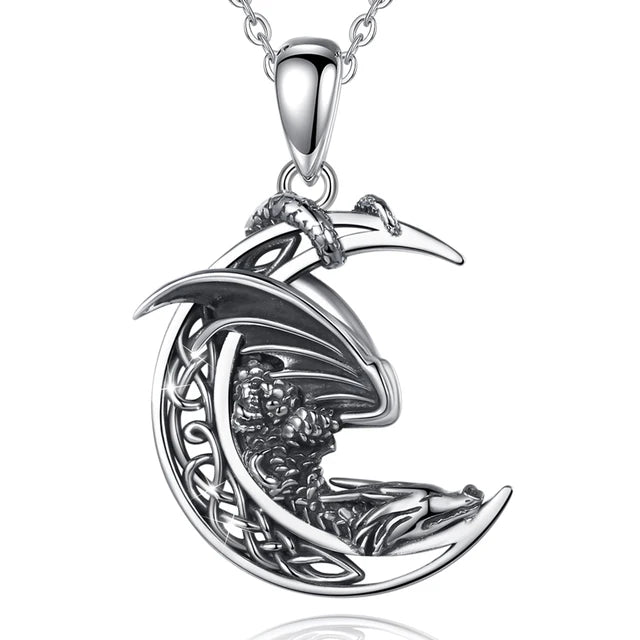 Slumbering Moon Dragon Sterling Silver Necklace