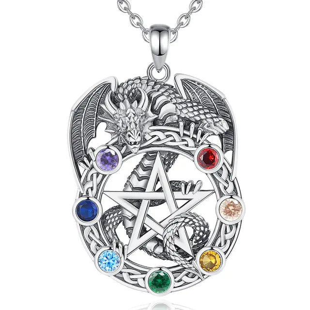 Pentagram Dragon Chakra Sterling Silver Necklace