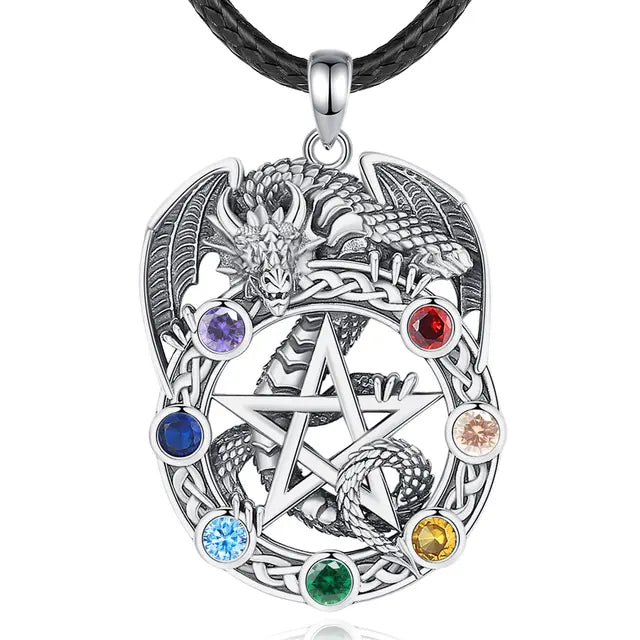 Pentagram Dragon Chakra Sterling Silver Necklace