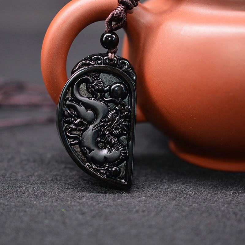 Obsidian Dragon & Phoenix Couple Necklaces - Wyvern's Hoard