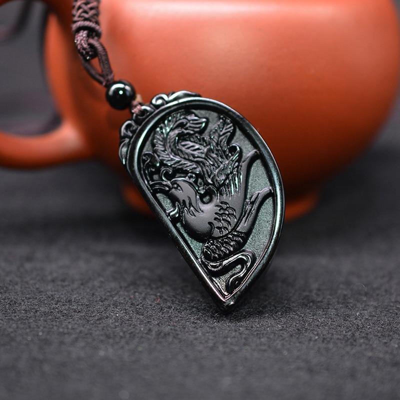 Obsidian Dragon & Phoenix Couple Necklaces - Wyvern's Hoard