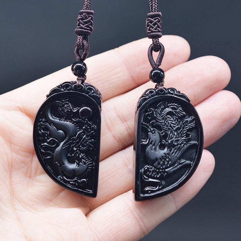 Obsidian Dragon & Phoenix Couple Necklaces - Wyvern's Hoard