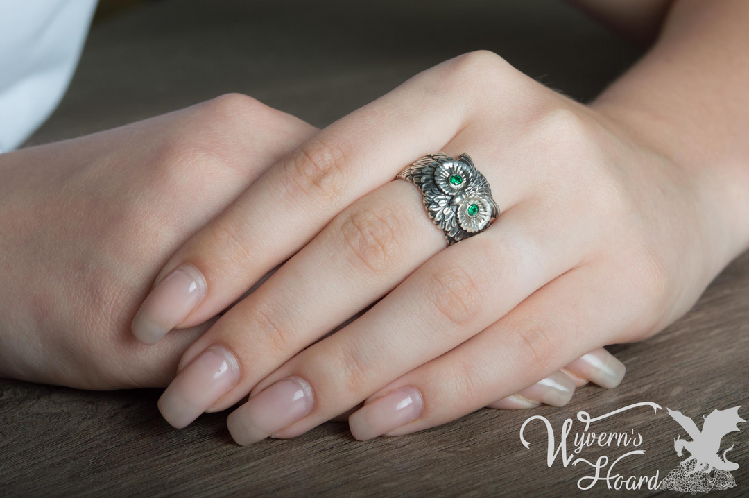 Bejeweled Owl Sterling Silver Ring - Wyvern's Hoard