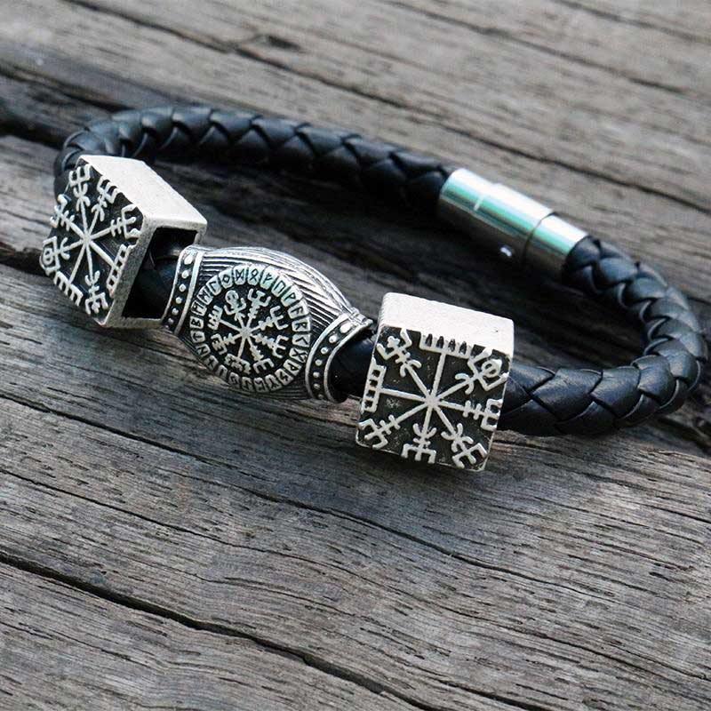 Vegvisir Leather Charm Bracelet - Wyvern's Hoard