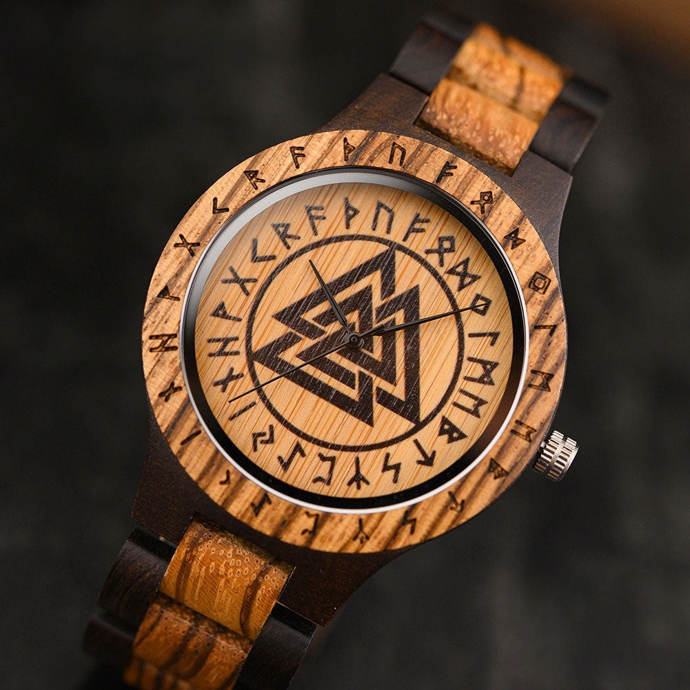 Valknut & Elder Futhark Runes Wooden Watch