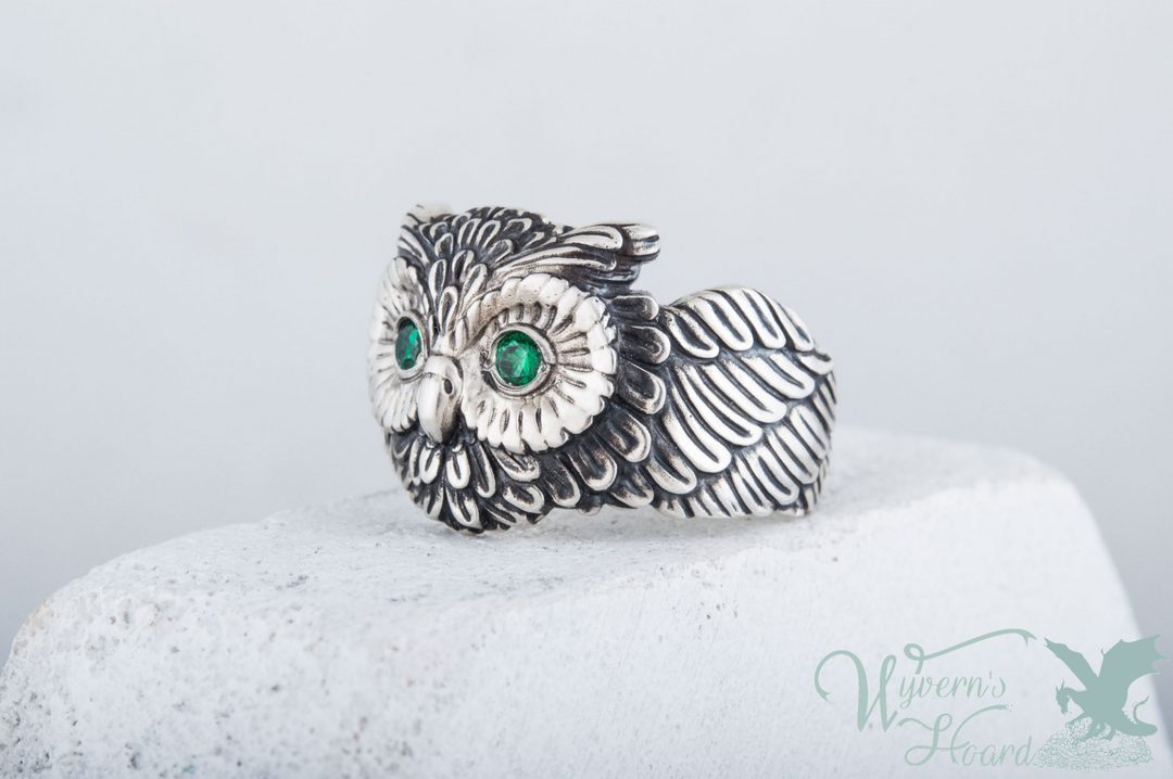 Bejeweled Owl Sterling Silver Ring - Wyvern's Hoard