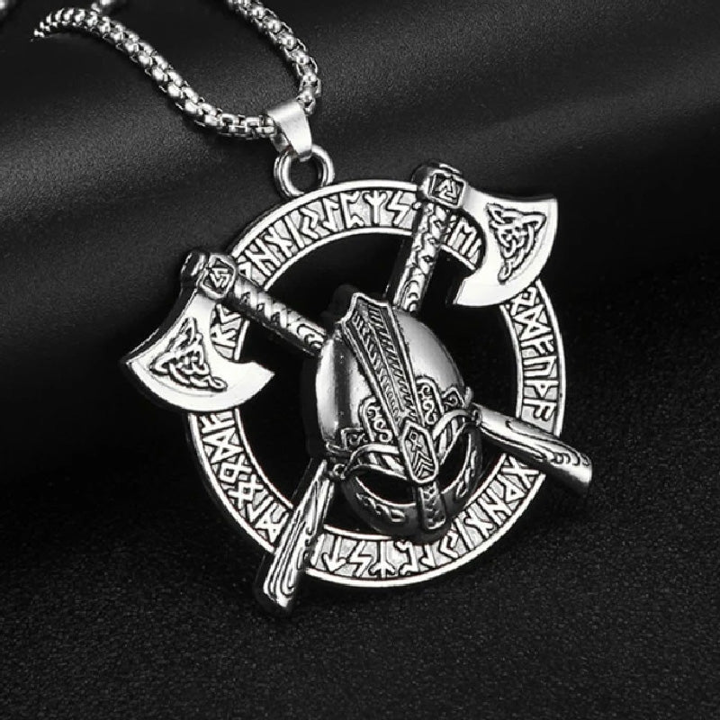 Battle-Worn Viking Battleaxes & Helmet with Runes Necklace