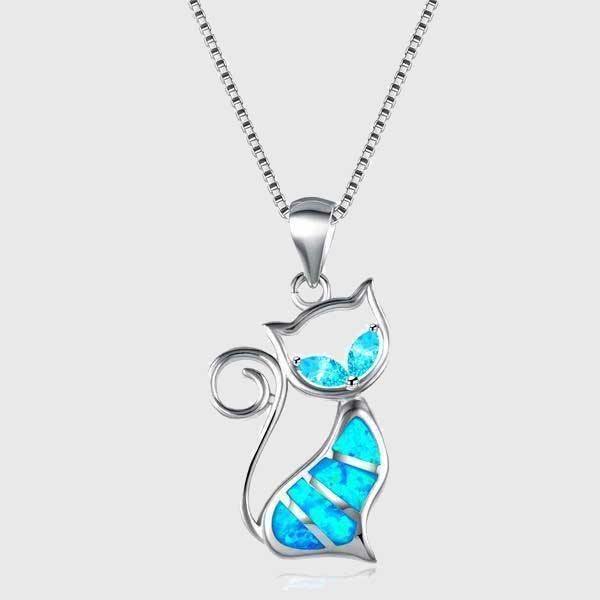 Blue Fire Cat Sterling Silver Necklace - Wyvern's Hoard
