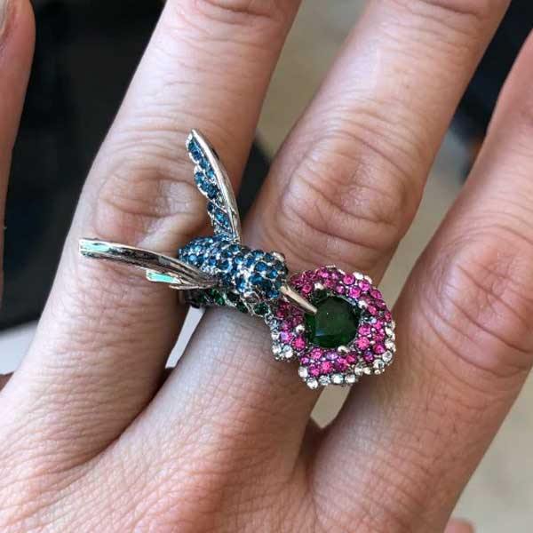 Sterling Silver Hummingbird Ring with Flower