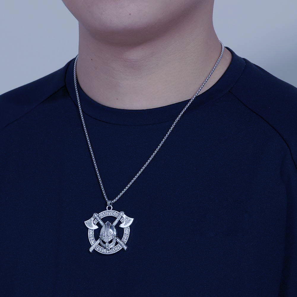 Battle-Worn Viking Battleaxes & Helmet with Runes Necklace