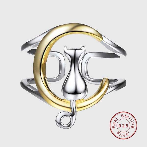The Cat And The Moon Sterling Silver Adjustable Ring - Wyvern's Hoard