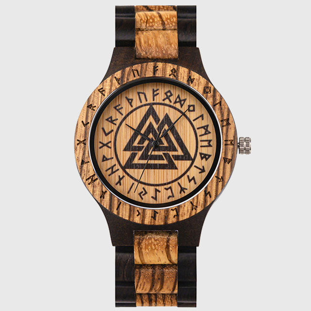 Valknut & Elder Futhark Runes Wooden Watch
