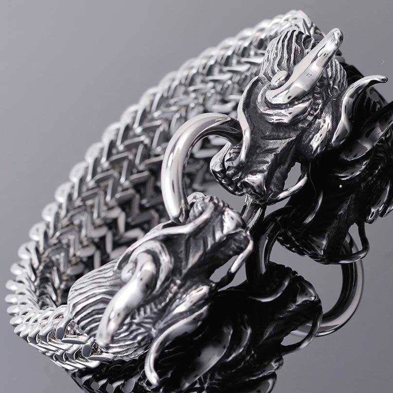 Double Dragon Heads Stainless Steel Bracelet - Wyvern's Hoard
