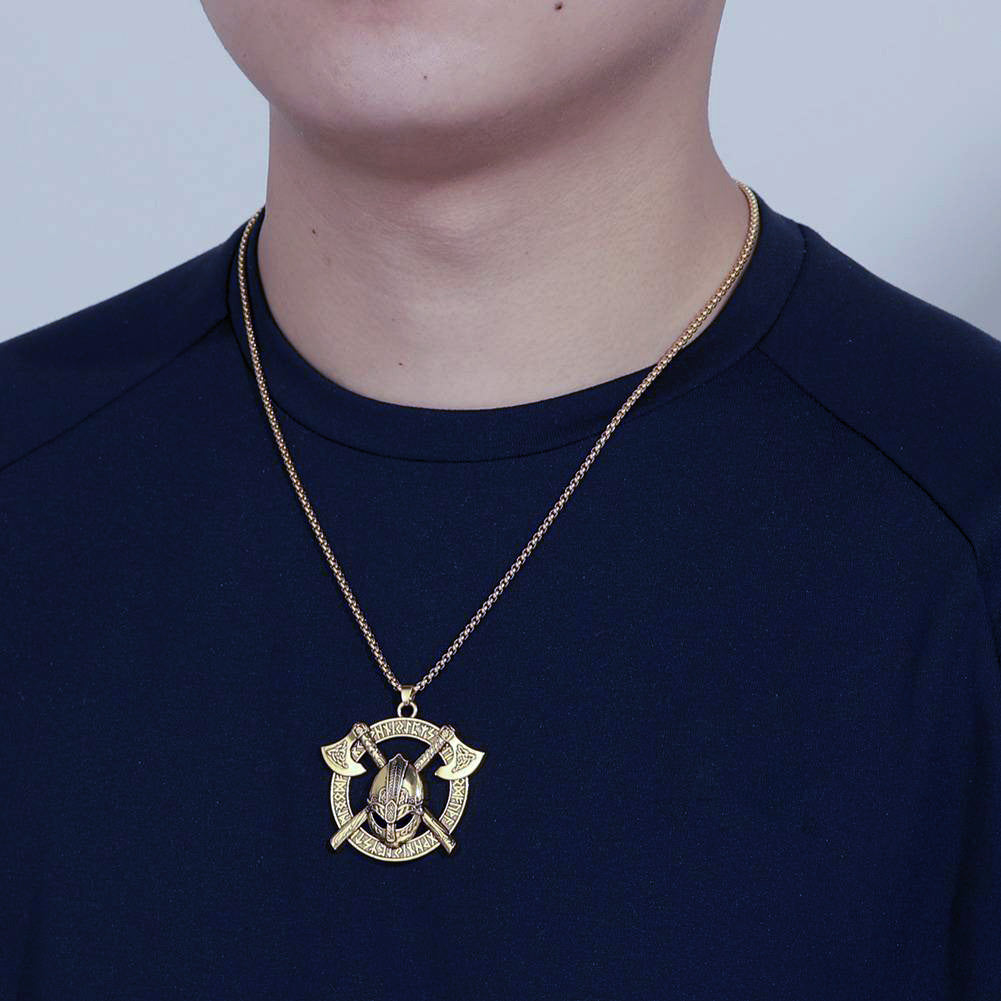 Battle-Worn Viking Battleaxes & Helmet with Runes Necklace