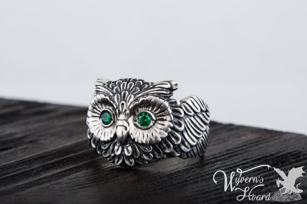 Bejeweled Owl Sterling Silver Ring - Wyvern's Hoard