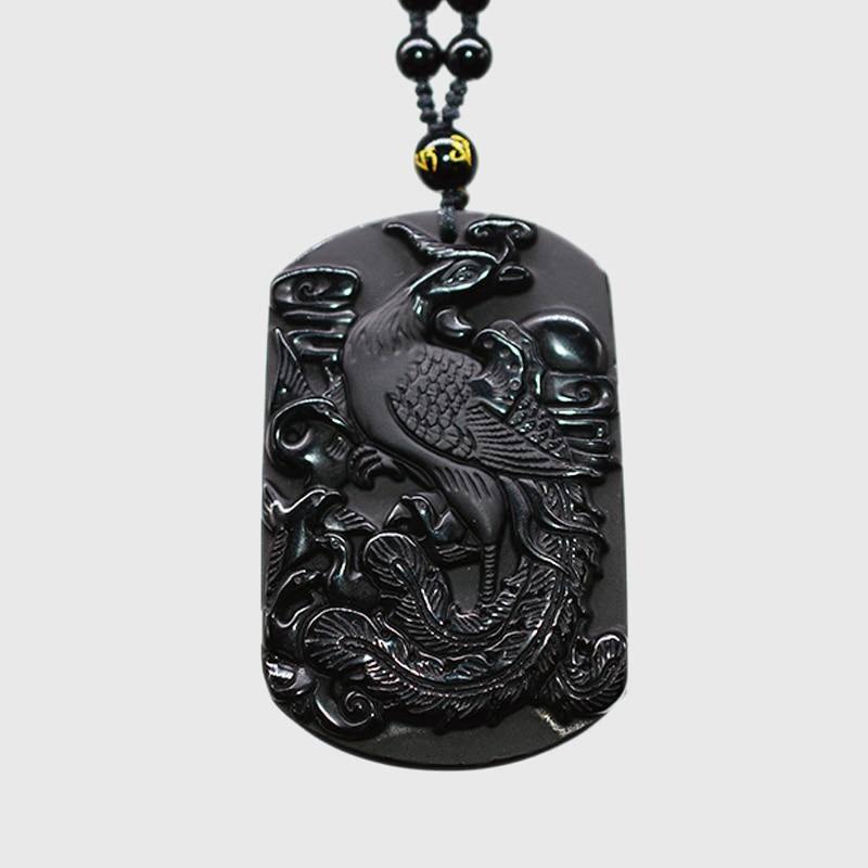 Carved Black Obsidian Phoenix Necklace - Wyvern's Hoard