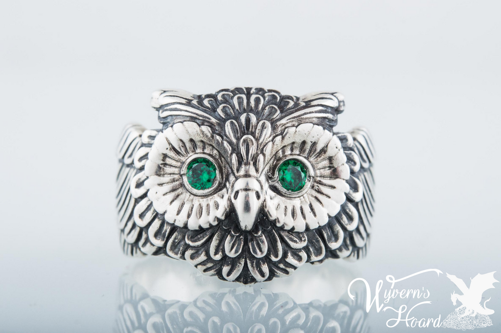 Bejeweled Owl Sterling Silver Ring - Wyvern's Hoard