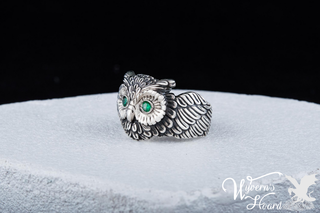 Bejeweled Owl Sterling Silver Ring - Wyvern's Hoard